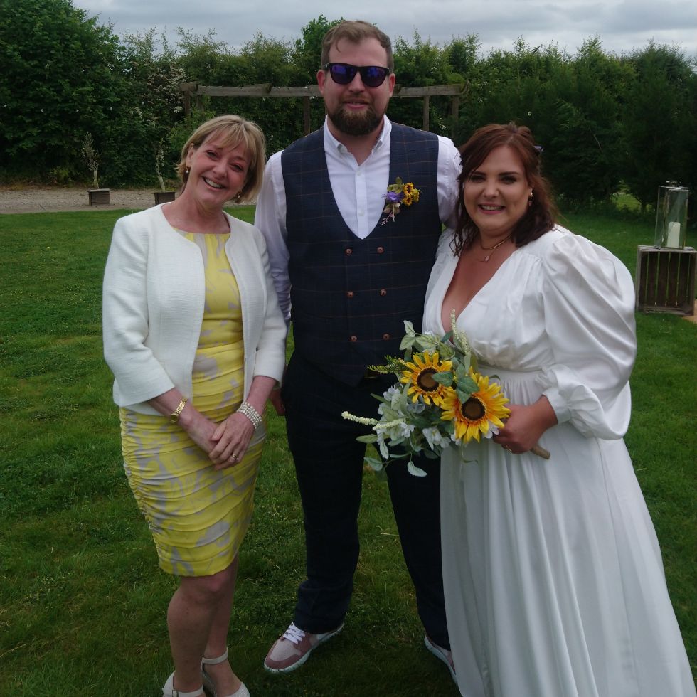 Yorkshire farm wedding couple with celebrant