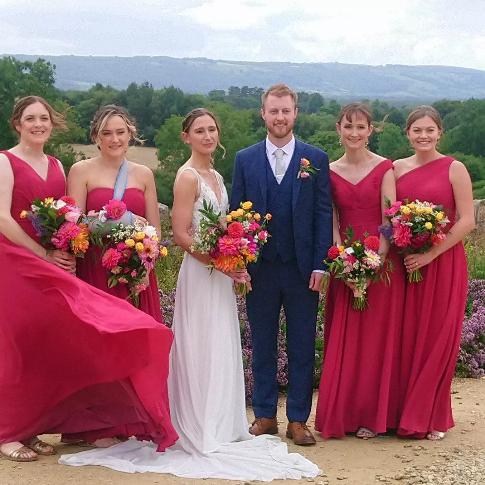 yorkshire wedding in nature reserve, the couple with their bridesmaids